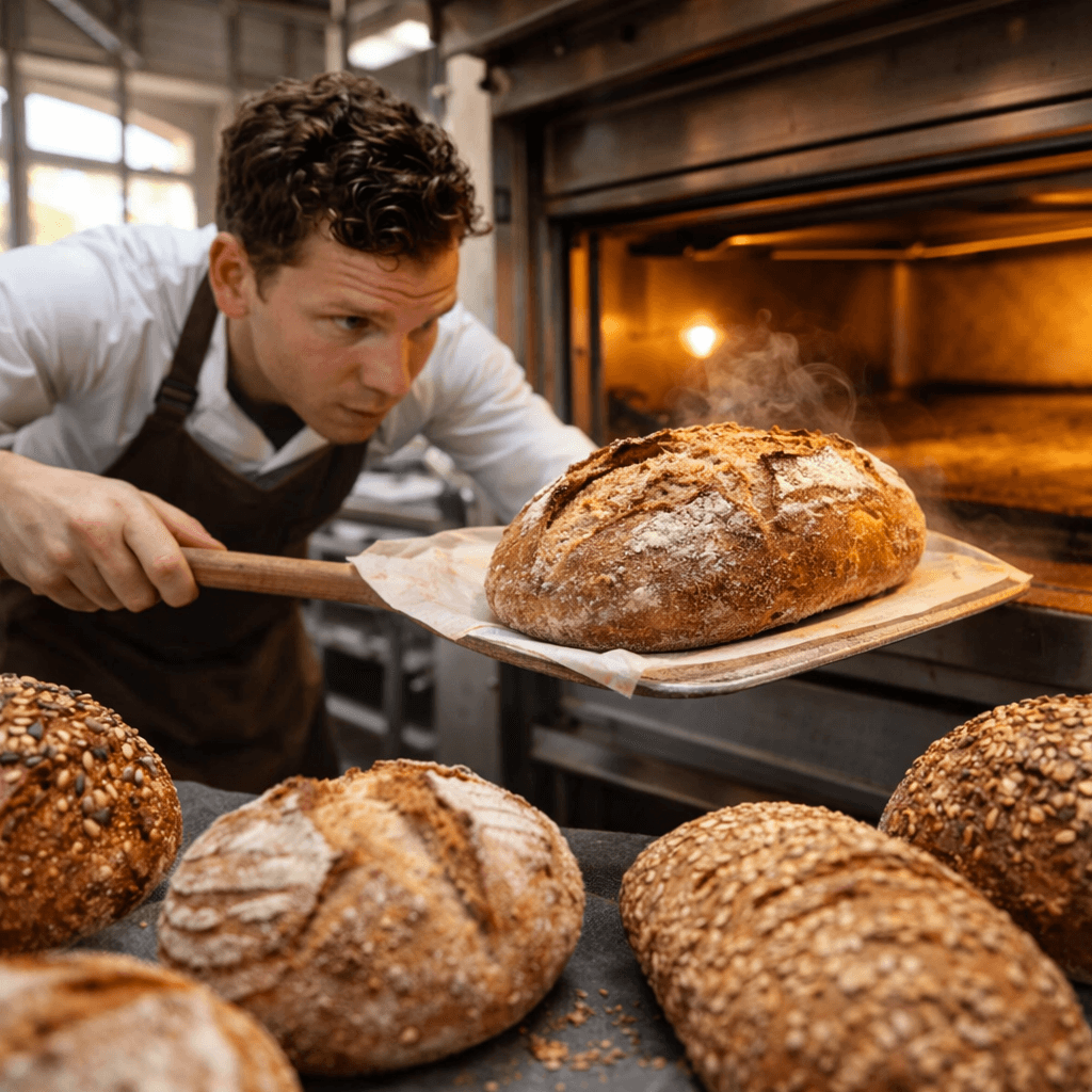 Bakker haalt brood uit de oven